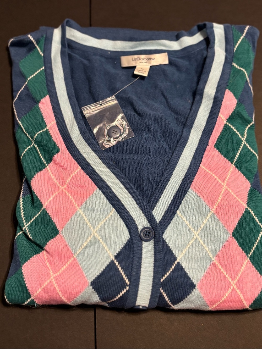 Liz Claiborne N.Y. Argyle Cardigan Sweater Women 3X Navy Blue Pink Green V-Neck